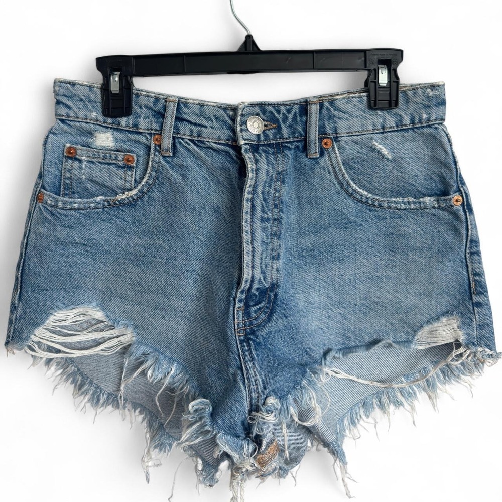 Zara Light Blue Denim Shorts with Frayed Waist Size 8